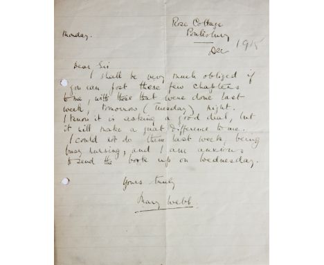 MARY WEBB (1881-1937), An original hand written letter from Rose Cottage Pontesbury, Shropshire dated December [1915?], the l