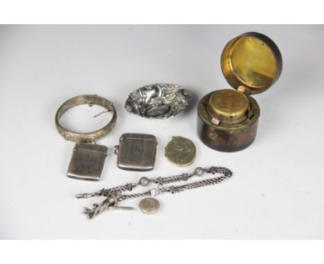 A selection of small silver, to include; A Victorian Albertina with tassels and decorative beads, two silver vesta cases, a s