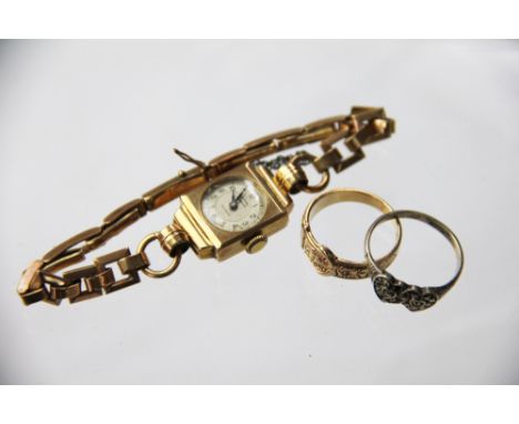 A lady's 9ct gold Rotary wrist watch, with gold plated strap, a 9ct gold belt ring, 3.2g, and a silver a marcasite double hea