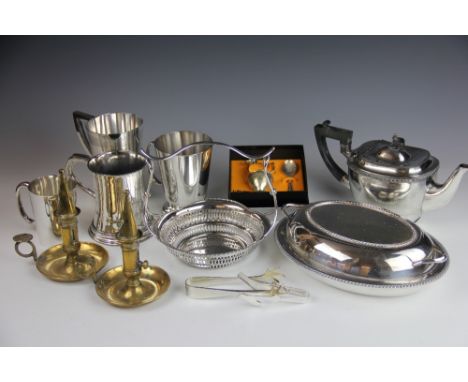 A quantity of silver plated wares, to include; silver plated tankards and mugs, a three piece tea service, entree dishes, a p