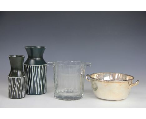 A Moet & Chandon glass ice bucket, a silver plated twin handled cooling dish and liner, two Hornsea vases with striped black 