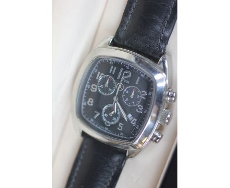 A gents Mercedes Benz quartz wristwatch, the black cushion shaped dial with silver Arabic numerals and three silver tone subs