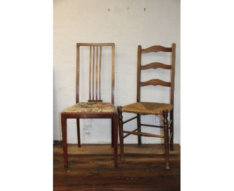 A set of four 19th century beech and ash ladder back dining chairs, rush seats, 98cm H, with a pair of Edwardian beech chairs