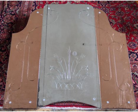 A large Art Deco peach and clear glass overmantel mirror, with foliate detailing, 130cm H x 129cm W