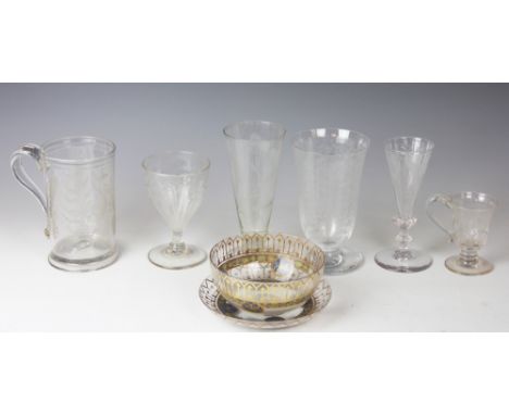 A collection of 18th century and later glass, to include; an 18th century clear glass mug, engraved wheat ear and hop decorat