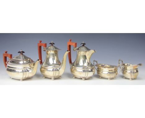 A silver five piece tea and coffee service, Elkington and Co, Birmingham 1964, each of oval form, with gadrooned rim and rais