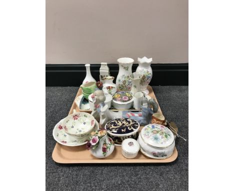 A tray of china to include Aynsley vases, Wedgwood, Spanish clown figure, Maling sugar basin, Belleek vase, Doulton character