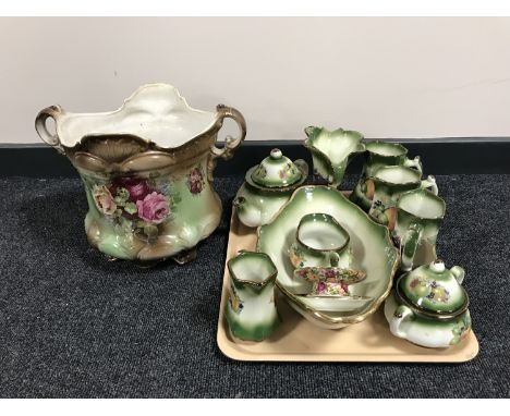 A tray of nine pieces of Mayfair Staffordshire china, Old country roses candle holder and teaplate together with an early twe