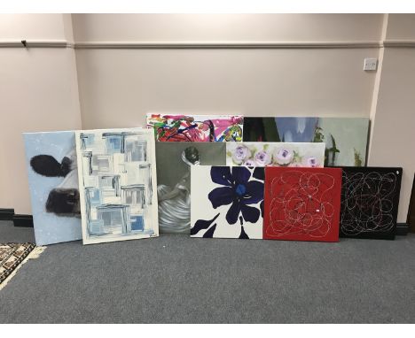 Nine assorted wall canvases - portrait of a cow by Amelia Rose, etc 