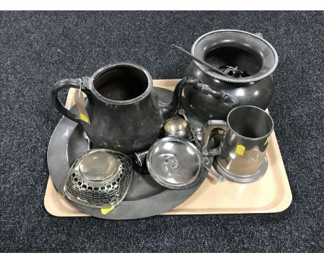 A tray of plated and pewter items including twin handled pot, charger, teapot, cutlery etc.