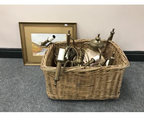 A basket of three brass light fittings, marble table lamp, framed watercolour 