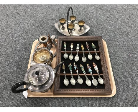 A tray of plated tea service, candlesticks, teaspoons, wooden spoon rack containing ten Dickins spoons 