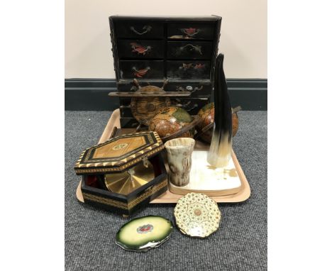 An oriental black lacquered miniature chest, pair of wooden globes, inlaid trinket box, compact, pipe rack etc