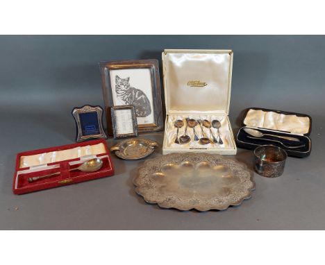 A Sheffield silver christening pair in fitted case together with  a set of six Sterling silver spoons, three silver photograp