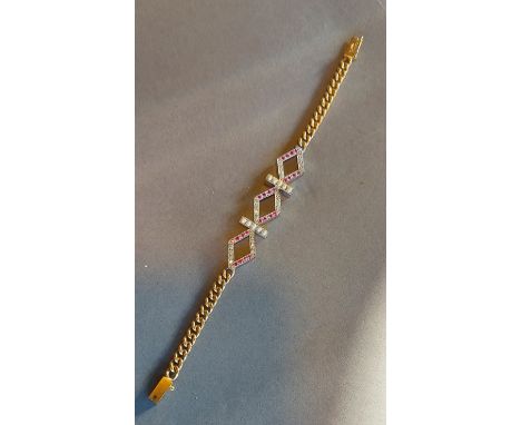 An 18ct white and yellow gold Pearl, Ruby and diamond set bracelet, with central lozenge interspaced with pearls and curb lin