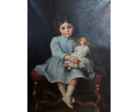 Beatrice Bright, portrait of a girl with doll, oil on canvas, signed, titled verso 'Pinx' and dated 1912, 101cms x 74cms 