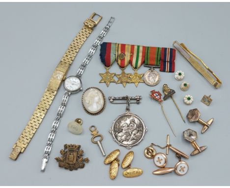 A silver cased Sekonda ladies wristwatch, together with a collection of other items to include cufflinks, medal miniatures an