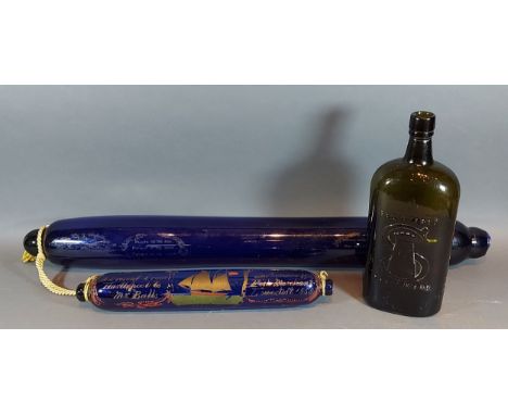 A 19th century blue glass rolling pin with presentation dated 1858, together with another similar blue glass rolling pin and 