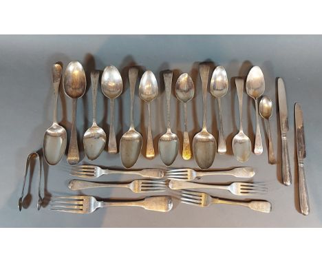 A collection of silver flatware to include Georgian Scottish silver table spoons, 30ozs 