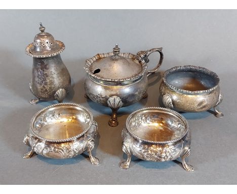 A pair of Victorian London silver salts together with a Chester silver three piece condiment set, 11ozs 