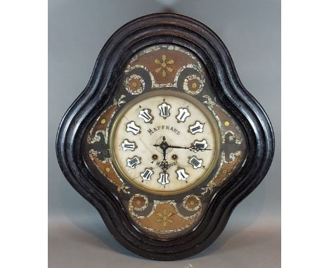A 19th Century French ebonised vineyard wall clock, the alabaster dial named Maffrand, A Marquise and with enamel Roman numer