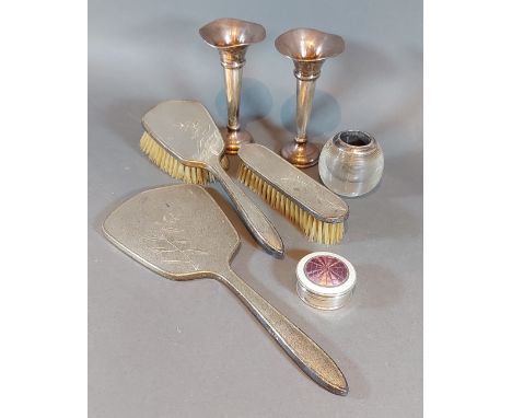 A pair of Birmingham silver spill vases together with a Birmingham silver three piece dressing table set, a silver mounted ma