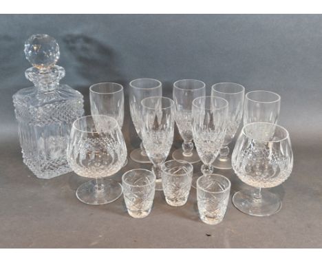 A pair of Waterford crystal Colleen pattern brandy glasses, together with seven Waterford crystal champagne glasses, a glass 