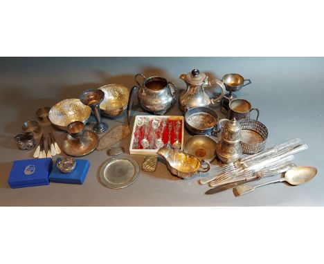 A silver plated trophy cup, together with other silver plated items to include flatware 