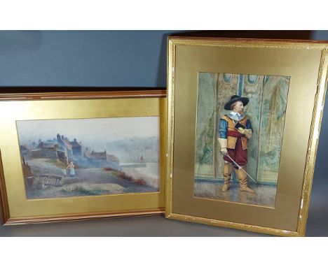 Edwin Bottomley, figures on a track before buildings, watercolour, together with another watercolour, portrait of a Cavalier 