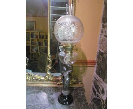 Victorian Figural Oil Lamp with Glass Font and Etched Shade 28 Inches High