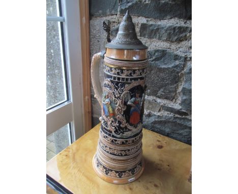 Tall Musical German Stein with Dancing Figures in Relief and Pewter Top Early 20th Century