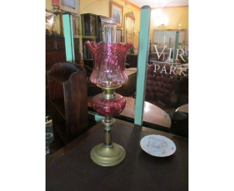 Victorian Oil Lamp with Font and Matching Cranberry Shade 23 Inches High