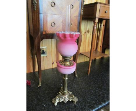 Victorian Miniature Pink Oil Lamp with Matching Font and Shade 21 Inches High