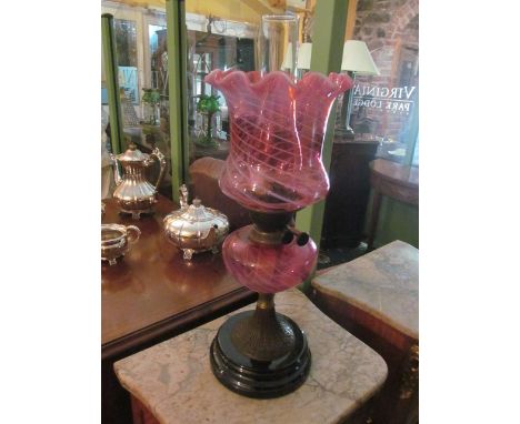 Victorian Oil Lamp with Matching Cranberry Swirl Font and Etched Shade 22 Inches High