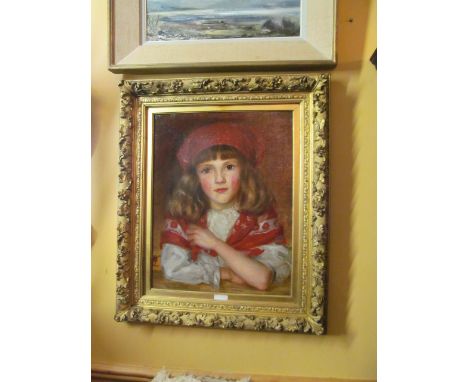 Victorian School Painting of a Girl with Red Scarf Oil on Canvas Signed with Monogram Lower Left 22 Inches High x 16 Inches W