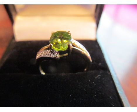 9ct Gold Green Topaz Ring with Diamond Surround of Contemporary Design Size L