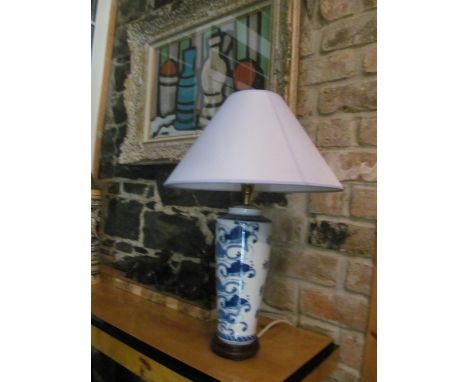 Antique Porcelain Blue and White Lamp and Shade Electrified 22 Inches High