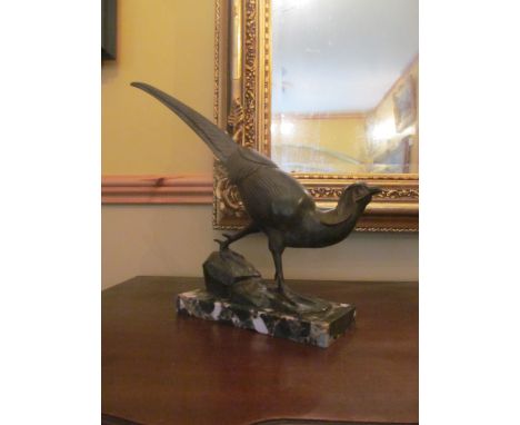 Art Deco Pheasant on Marble Base Signed 14 Inches High x 15 Inches Wide
