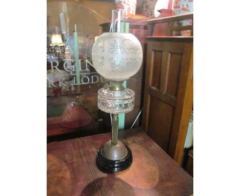 Victorian Oil Lamp with Cut Glass Font and Etched Shade 26 Inches High