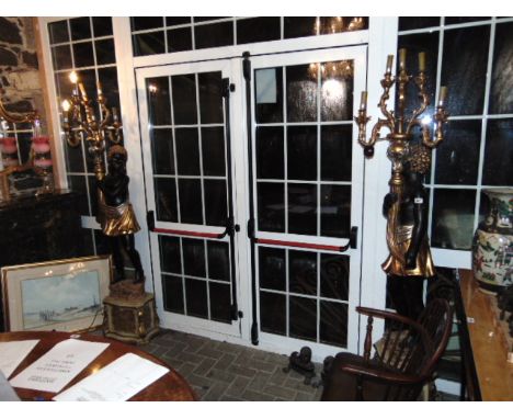 Pair of Blackamoor Six Arm Floor Lantern Lights with Gilded and Silvered Decoration Each 79 Inches High