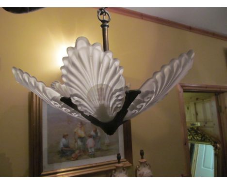 French Art Deco Chandelier with Six Lalique Glass Panels 17 Inches High