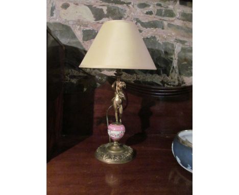 Victorian Gilt and Porcelain Figural Lamp and Shade Electrified 18 Inches High