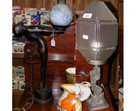 An Art Deco glass table lamp, together with a reproduction "Dancing Girl" table lamp