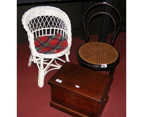 Two small child's chairs, together with a child's antique commode in wooden box