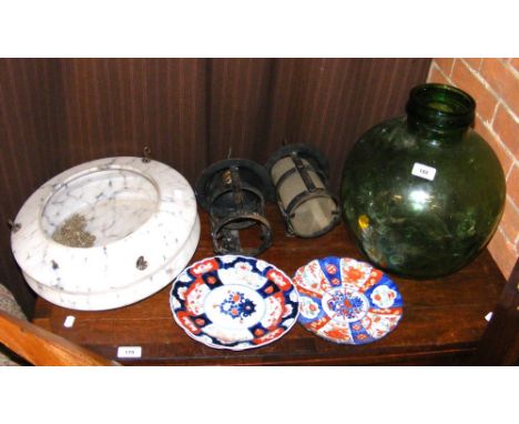 A 1920's glass light shade, Imari plates, carved spear