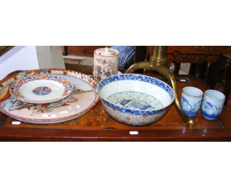 A 37cm diameter Satsuma charger, together with other oriental ceramic ware