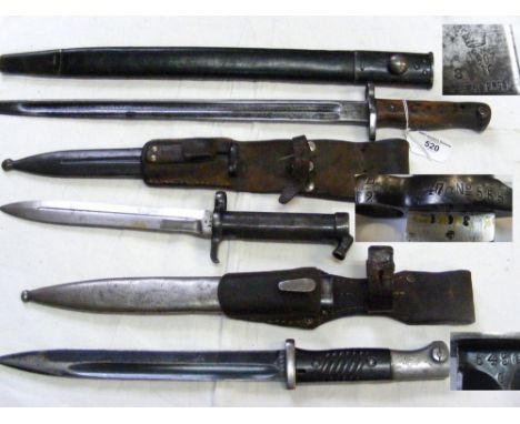 A 1907 Henderson sword bayonet with leather scabbard, together with two Mauser bayonets