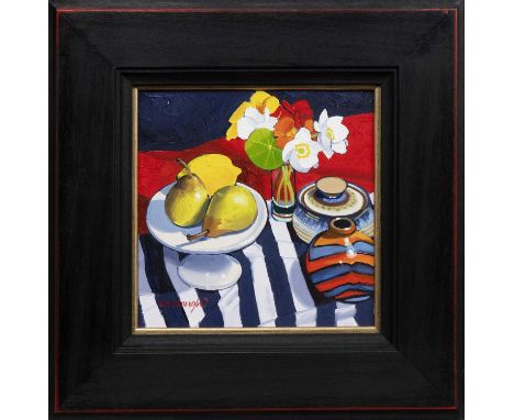 * FRANK COLCLOUGH (SCOTTISH 1941 - 2023), STILL LIFE WITH PEARS & TIGER VASE oil on board, signed, titled verso framed and un