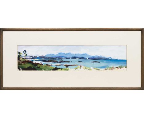 * CHRISTOPHER JOHNSON (b. 1961), LOOKING WEST FROM MORAR TOWARDS RHUM mixed media on paper, signed, titled label versomounted