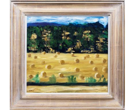 * ANDREW WALKER (SCOTTISH b. 1959), BALE-FIELD AND TREES  oil on canvas, signed, titled versoframed and under glassimage size
